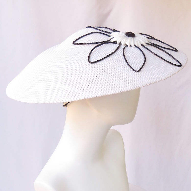 White Dior Brim Hat with Black Wired Flower Trim by Catherine Storm Millinery view 2