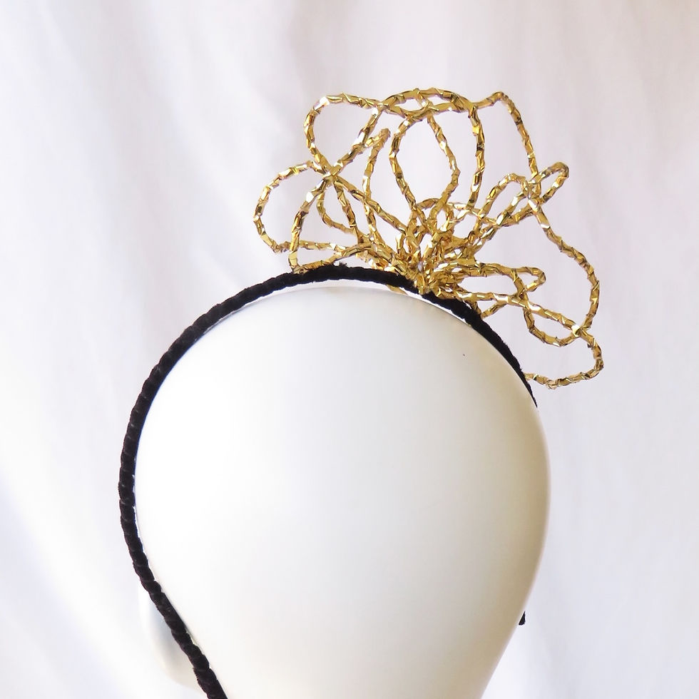 Thumbnail: Gold metallic wirework rose headband headpiece on a black velvet ribbon trimmed headband by Catherine Storm view 4