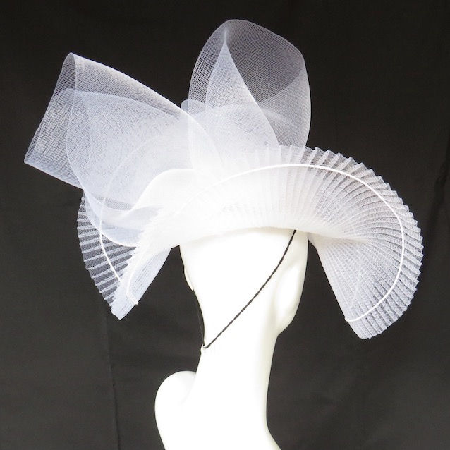 Thumbnail: White crinoline brim hat by Catherine Storm, Melbourne milliner – sculptural racewear headpiece view 6