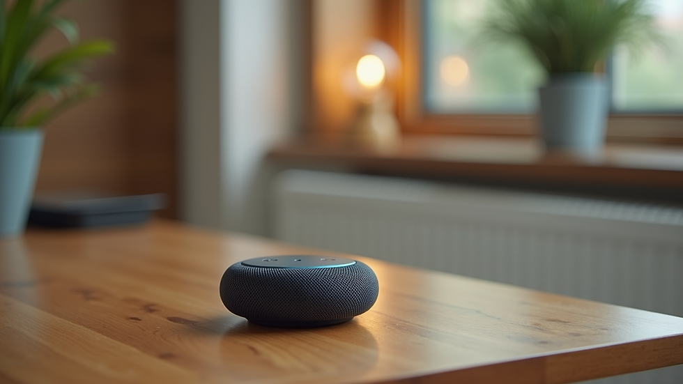 Close-up view of a smart speaker device on a wooden table