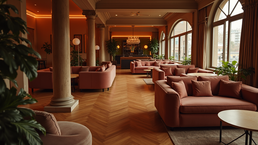 High angle view of a stylish lounge area with plush seating and ambient lighting