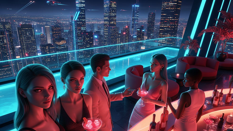 High angle view of a rooftop bar with city skyline at night