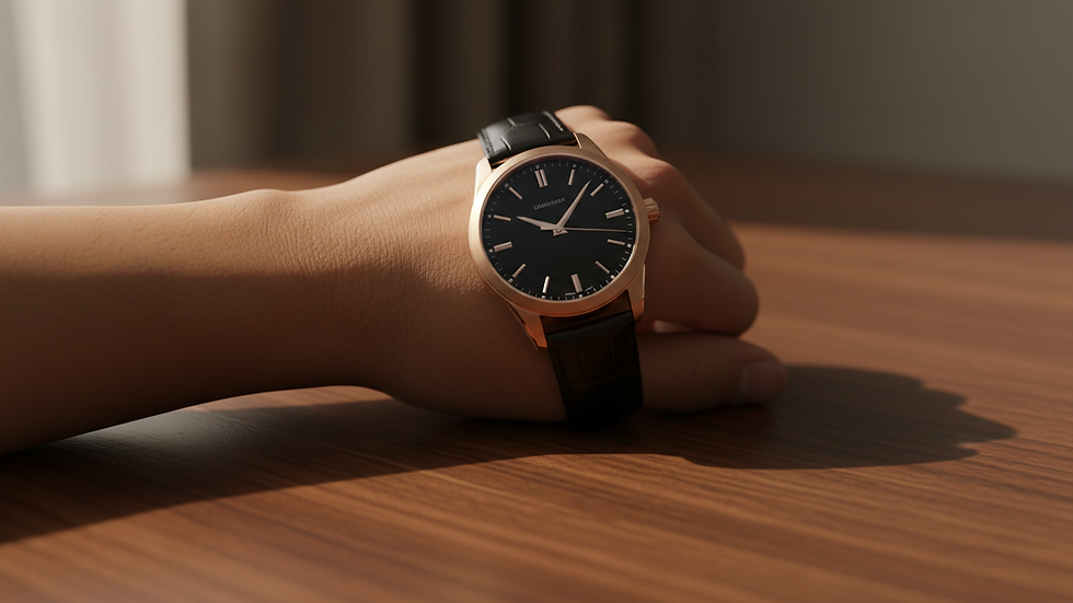 Close-up view of a luxury watch on a polished wooden table