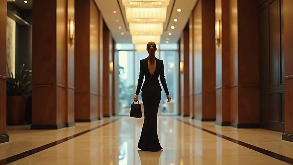 Eye-level view of elegant European Russian escort in a stylish Singapore hotel lobby