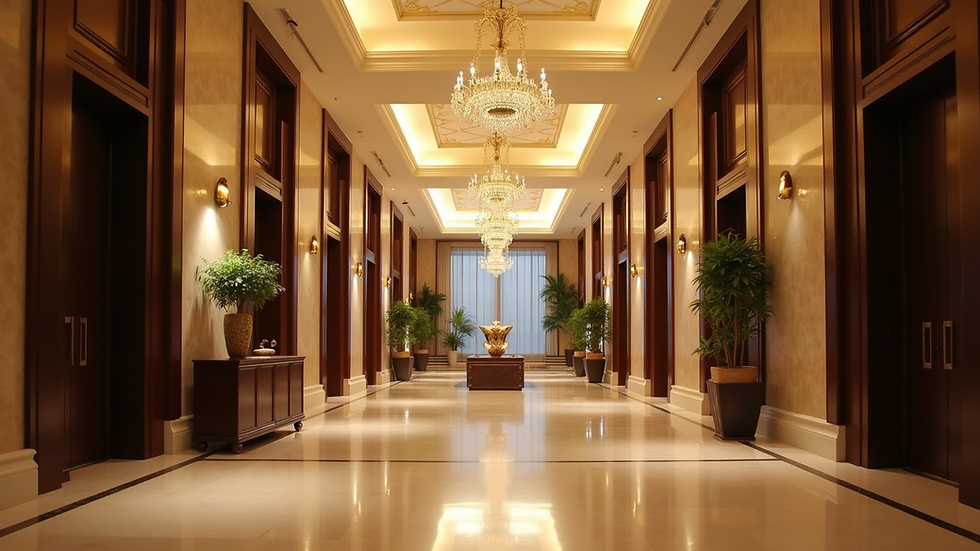 Eye-level view of a luxurious hotel lobby with elegant lighting