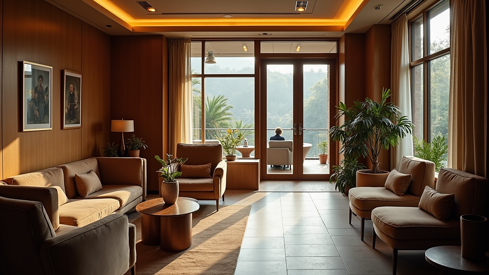 High angle view of a quiet, elegant lounge area with soft lighting and comfortable seating