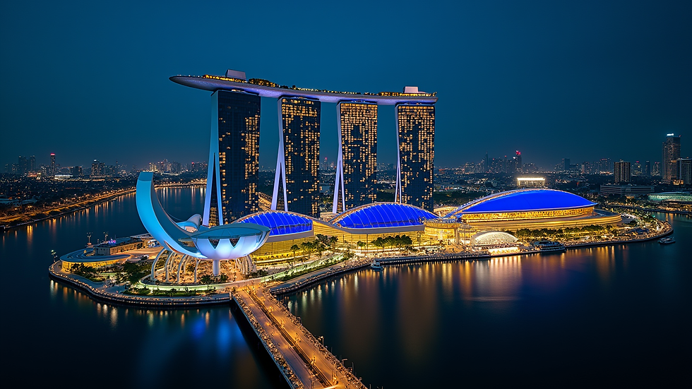 High angle view of Marina Bay Sands at night with city lights