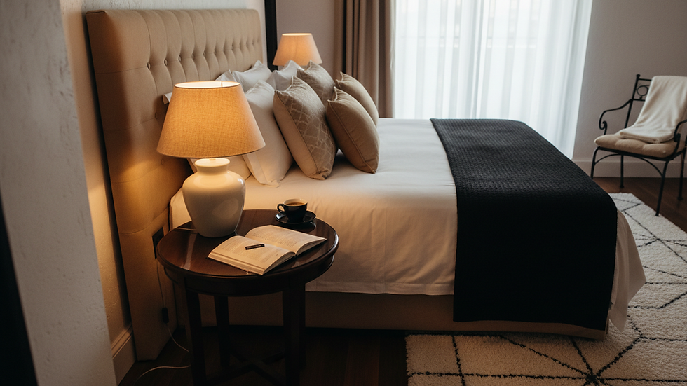 Close-up view of a cozy hotel suite with elegant decor