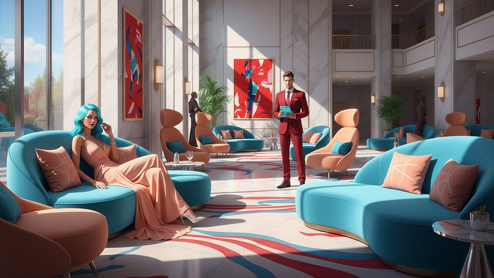 Eye-level view of a luxury hotel lobby with elegant seating