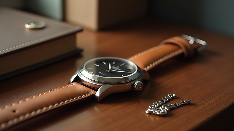 Close-up view of a luxury watch and elegant accessories on a polished wooden table
