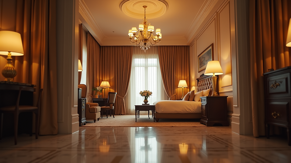 Eye-level view of a luxurious hotel room with elegant decor and ambient lighting