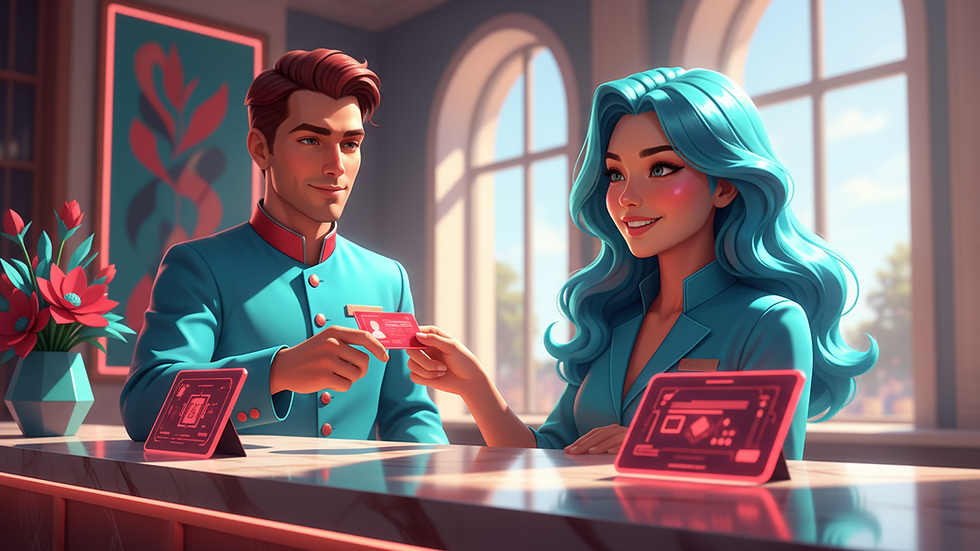 Close-up view of a hotel concierge desk with a guest checking in