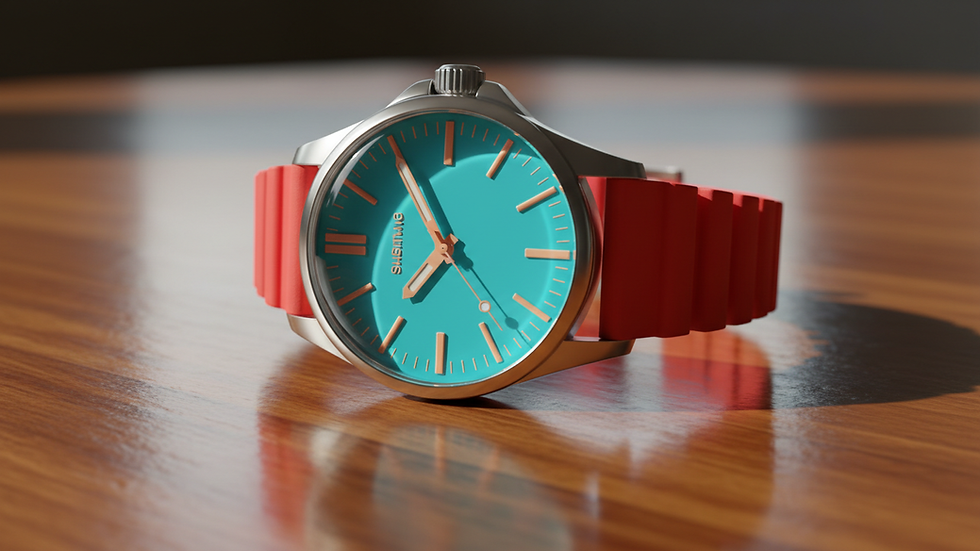 Close-up view of a stylish wristwatch on a polished wooden table