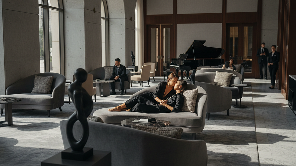 Eye-level view of a luxury hotel lobby with elegant seating