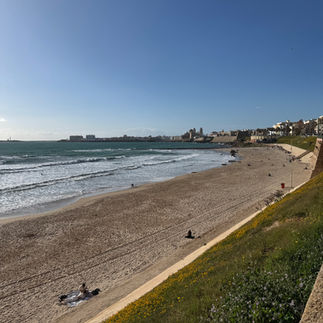 View of beach from above in Cadiz, Spain