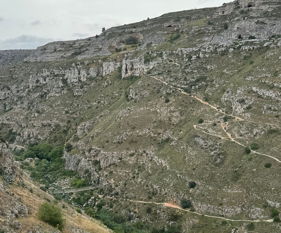 Looking into the ravine at Ponte Tibetano della Gravina suspension bridge