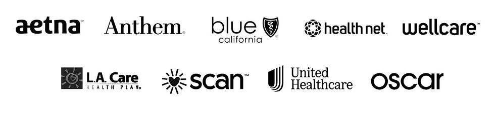 Insurance logos for Aetna, Anthem, Blue Shield California, health net, wellcare, LA Care, Scan, United Healthcare, and Oscar