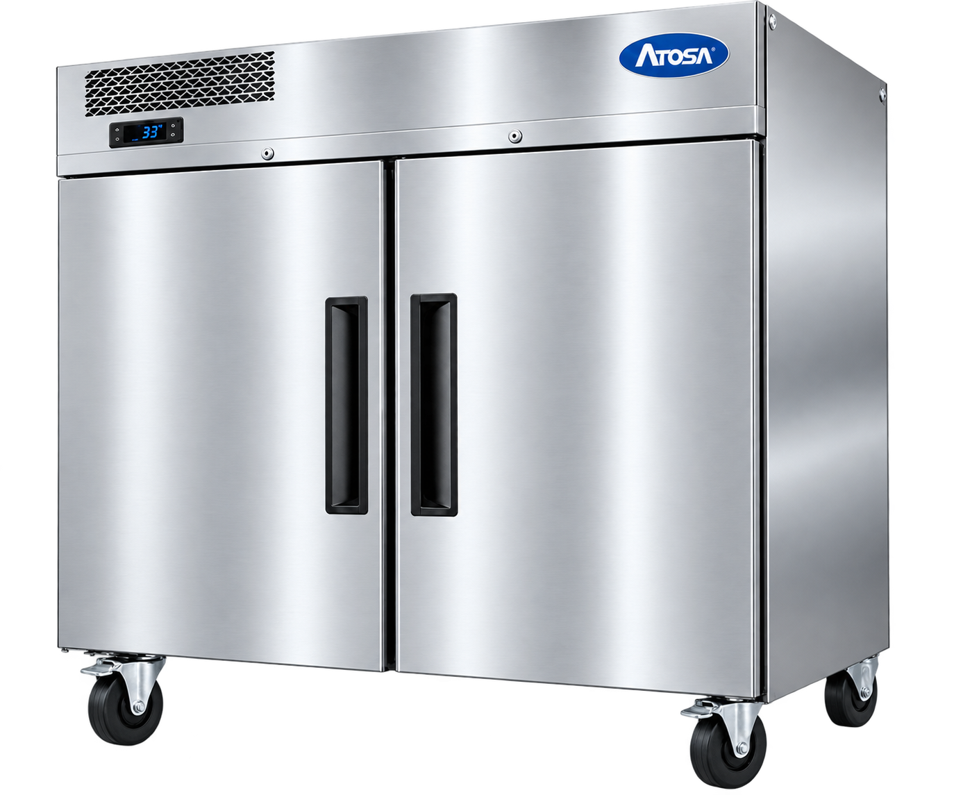Three-door commercial refrigeration unit on casters