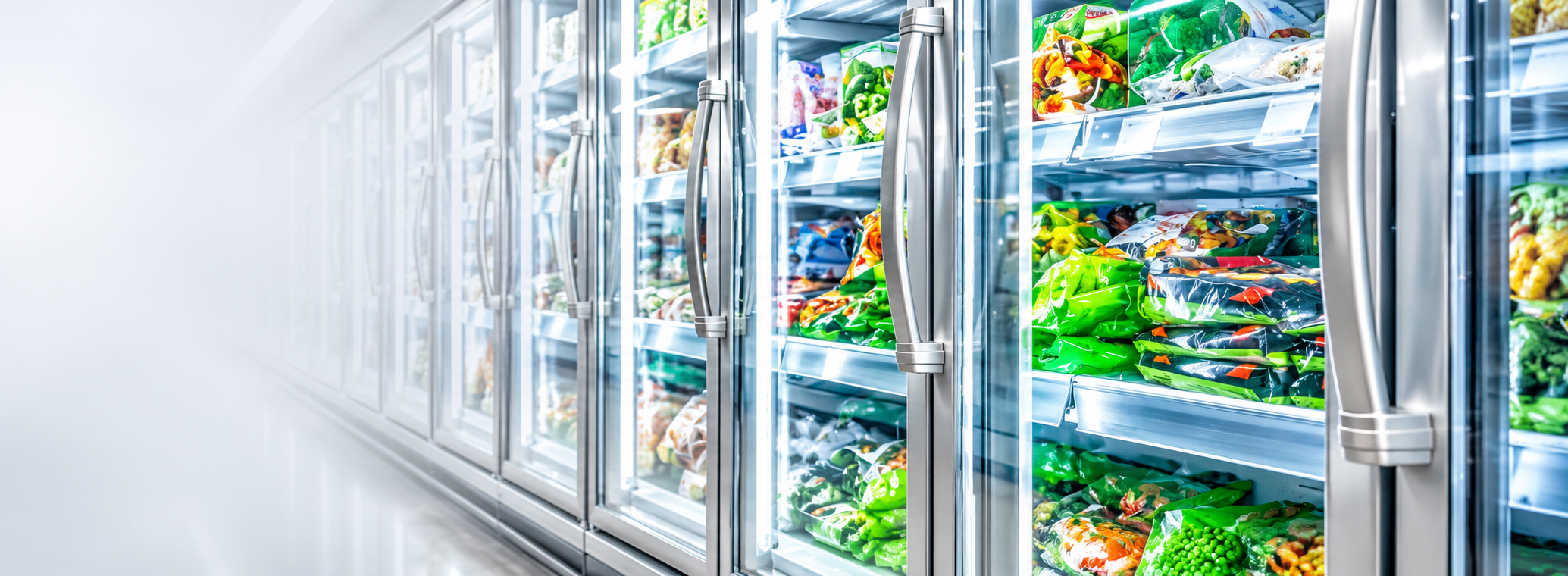 Glass-door refrigeration cases stocked with food