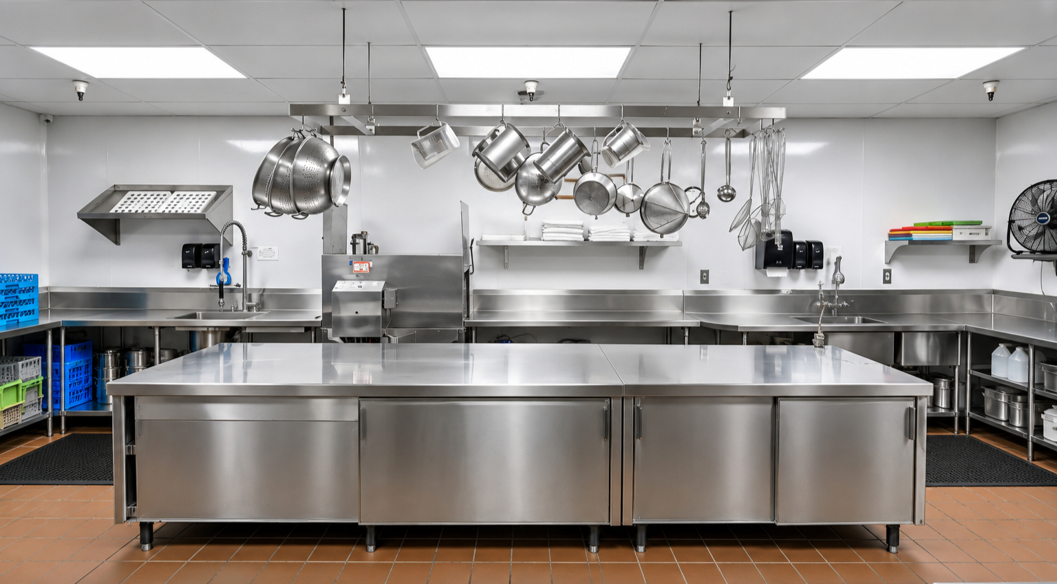 Stainless-steel preparation area in a commercial kitchen