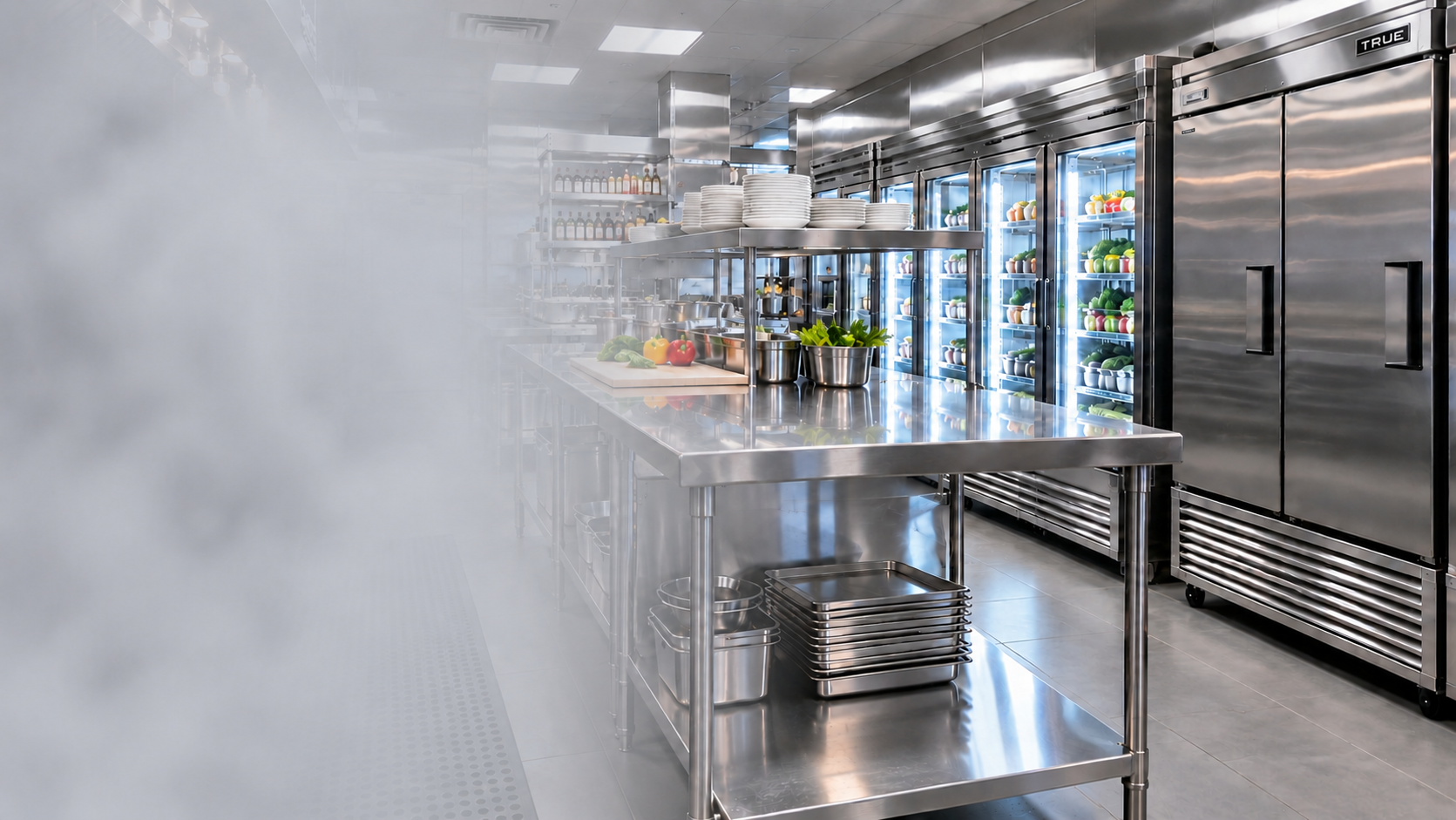 Commercial kitchen with stainless-steel refrigeration equipment