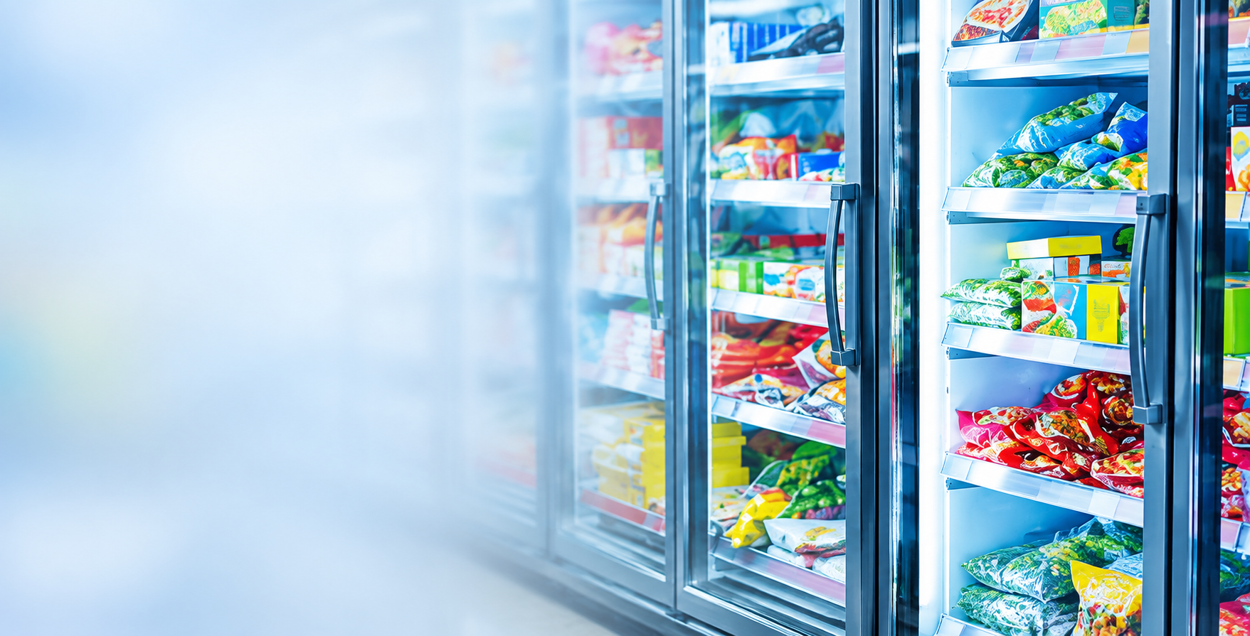 Frozen-food display cases in a grocery store