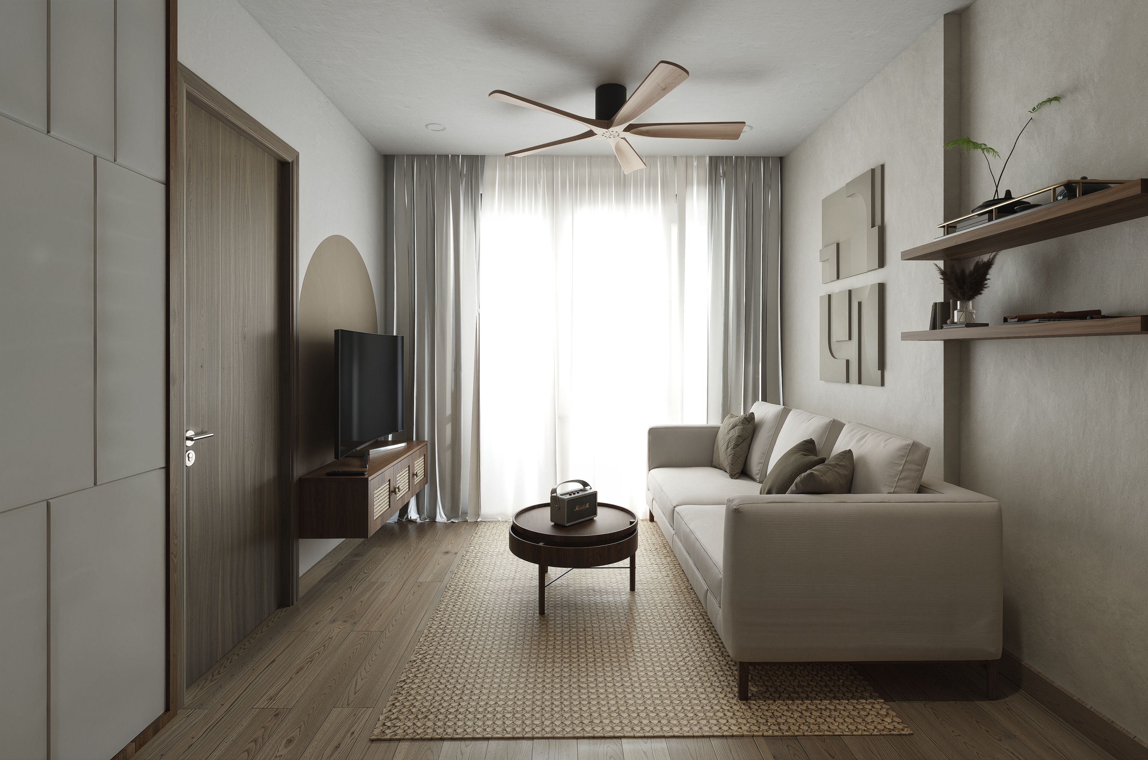 Minimalist living room with neutral furnishings