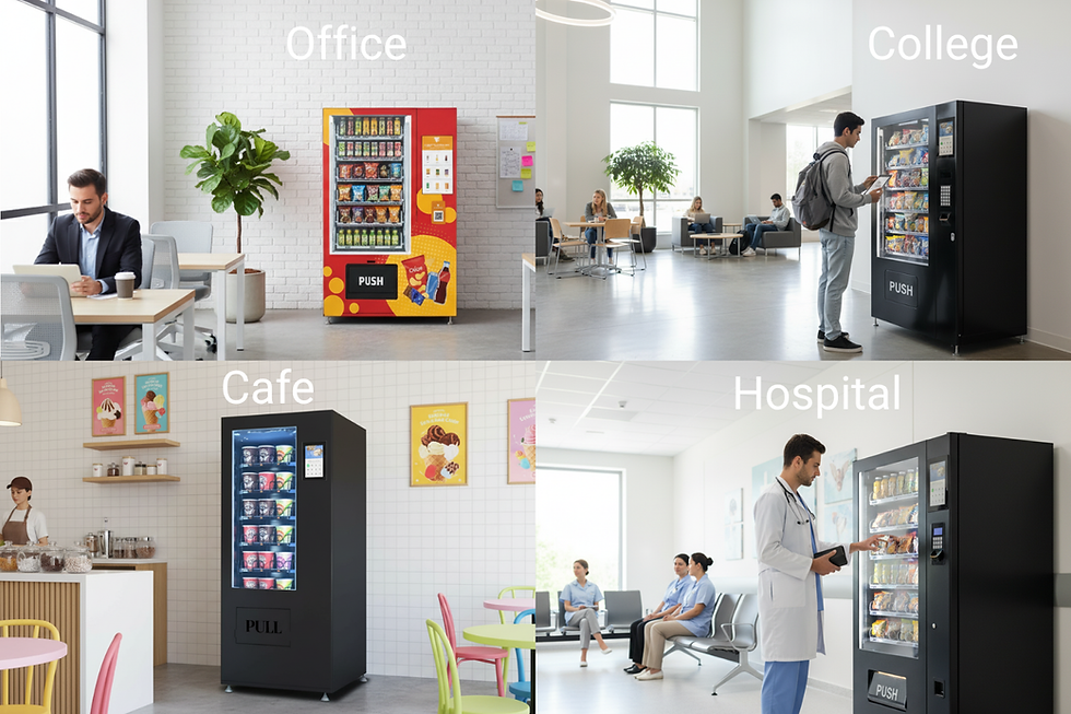 Smart vending machines installed across office, college, cafes, and hospital locations showing controlled multi site vending operations.