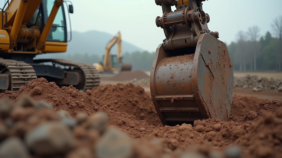 Eye-level view of excavator digging a construction site with rocky soil