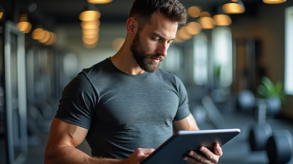 Eye-level view of a fitness trainer creating a workout plan on a tablet