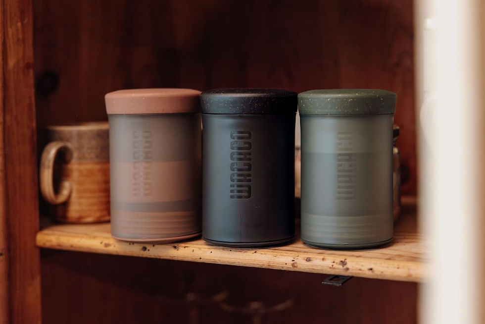 Three colours of Wacaco Prestina on a shelf.