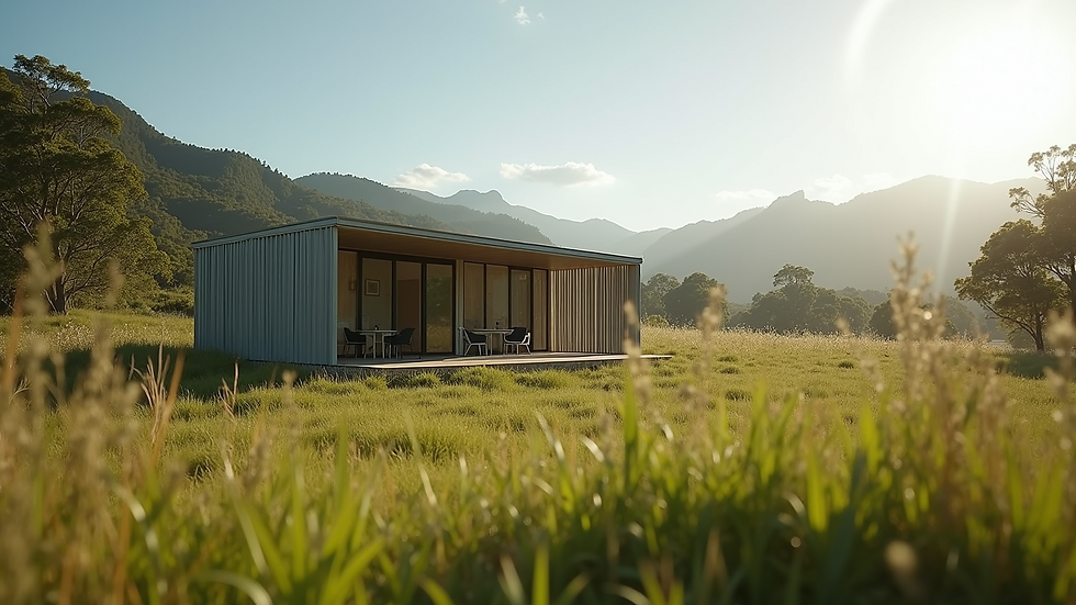 Wide angle view of a modular eco-friendly home unit set in a green Tasmanian landscape