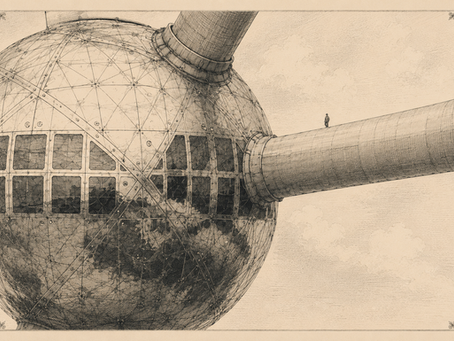 Illustration en style gravure de l'Atomium de Bruxelles vu de très près en contre-plongée. Un minuscule personnage marche sur l'un des tubes reliant les sphères, soulignant l'immensité du monument.