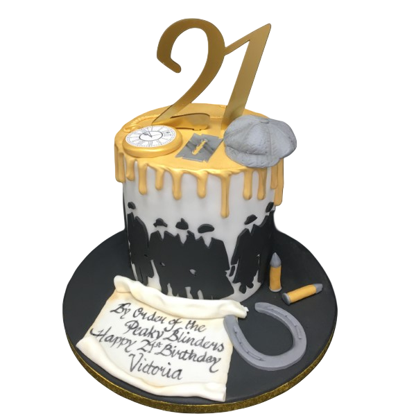 Bespoke Peaky Blinders celebration cake with vintage flat cap and razor blade details, Solihull, West Midlands.