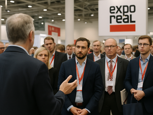 Gruppe von Fachbesuchern in einer Messehalle der Expo Real in München, die einem Sprecher zuhören; im Hintergrund Messestände, mit eingeblendetem Expo Real Logo.