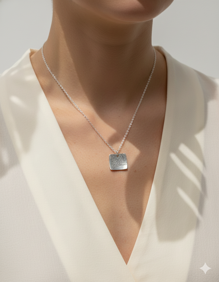 Sterling silver Leaf Imprint Square Pendant Necklace | Sterling Silver Chain