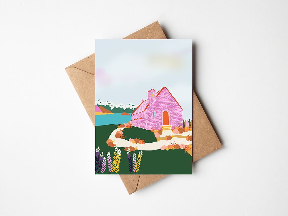 Thumbnail: Modern colourful illustration of Lake Tekapo with Southern Alps, clear sky, and reflective turquoise lake