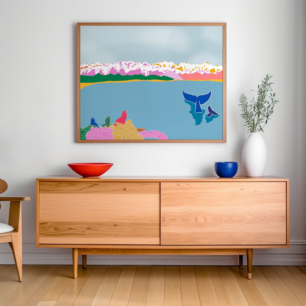 Thumbnail: Bright and whimsical Kaikōura art featuring sea animals and the coastal cliffs of New Zealand, perfect for marine lovers