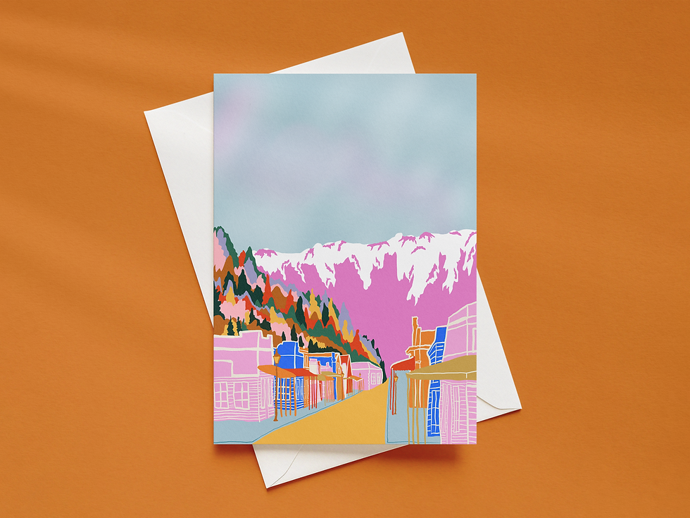 Arrowtown greeting card featuring vibrant autumn foliage, historic buildings, and scenic New Zealand landscape