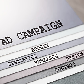 Ad Campaign budget design content research statistics. words on pages. Business advertisin