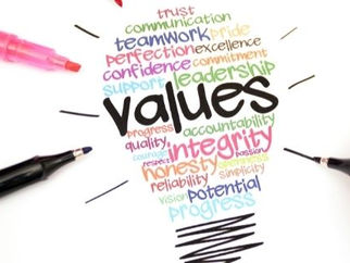 a light bulb shape filled with words representing values such as trust, communication, support, honesty, vision, etc