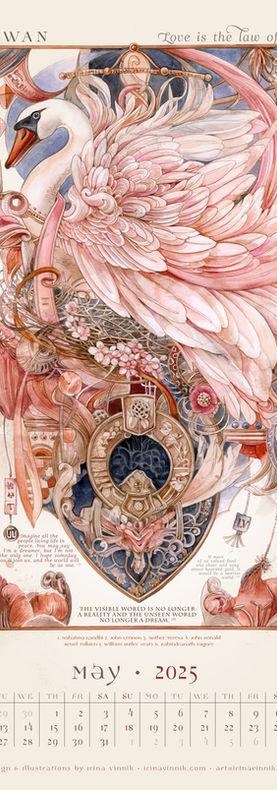 Elegant watercolor illustration of a swan surrounded by pink feathers, flowers, decorative ornaments, and symbolic heraldic elements.