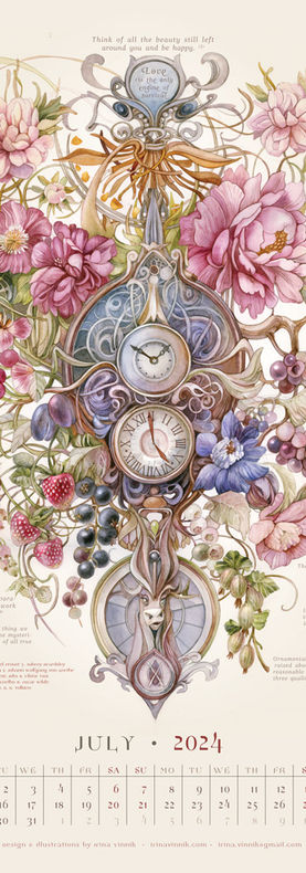 Watercolor illustration of flowers, berries, grapes, and decorative clocks symbolizing abundance and midsummer growth.