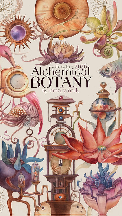 Botanical and alchemical illustration featuring flowers, vessels, marine creatures, and symbolic instruments surrounding the title Alchemical Botany.