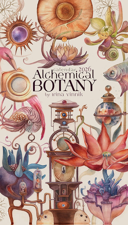 Botanical and alchemical illustration featuring flowers, vessels, marine creatures, and symbolic instruments surrounding the title Alchemical Botany.