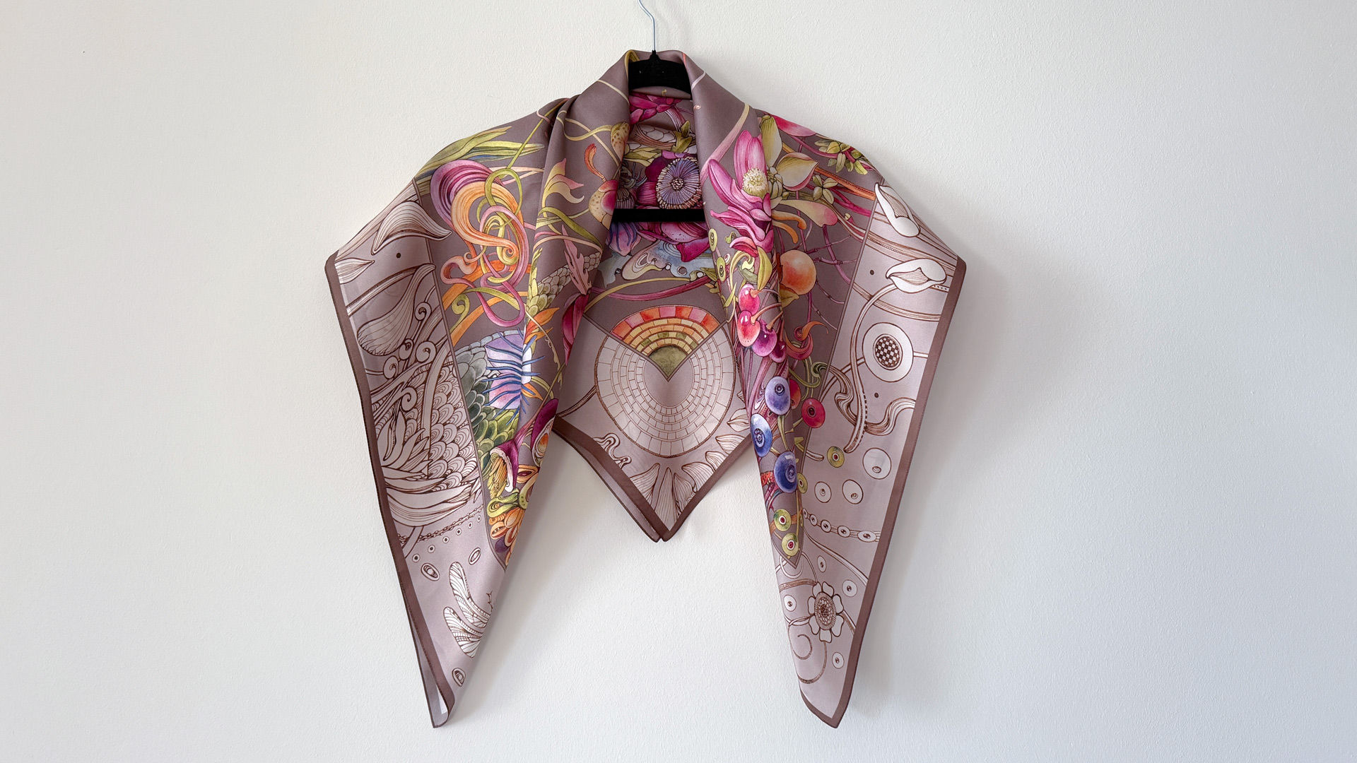 Botanical Silk Scarf – Depositio Tropica (Taupe Edition)