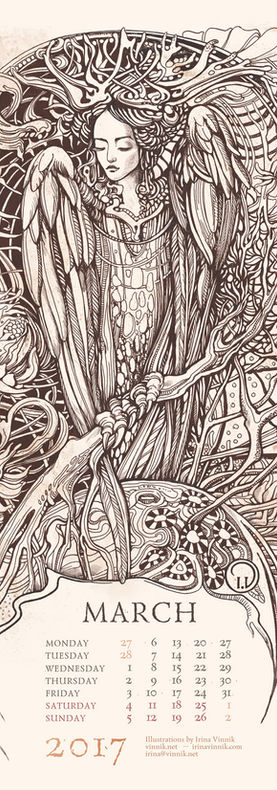 Winged female figure framed by branches and flowing botanical ornament.