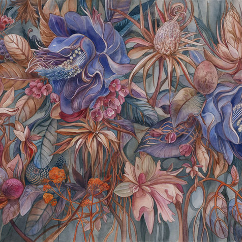 Complex botanical watercolor with interwoven blue flowers and layered organic forms by Irina Vinnik