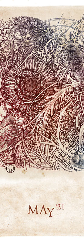 Two starlings among wildflowers, grasses, and detailed botanical ornament.