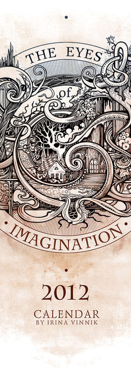 Cover of The Eyes of Imagination Calendar 2012 featuring an intricate circular composition inspired by imaginary landscapes, branching forms, and symbolic creatures.
